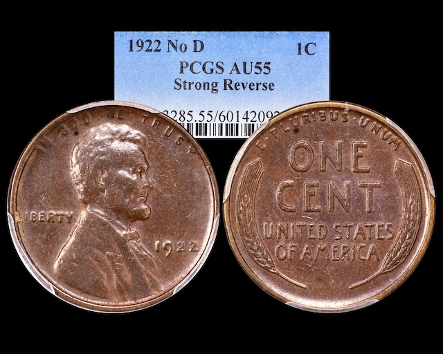 1922 wheat penny comparison: standard 1922-D with D mint mark vs 1922 No D Strong Reverse