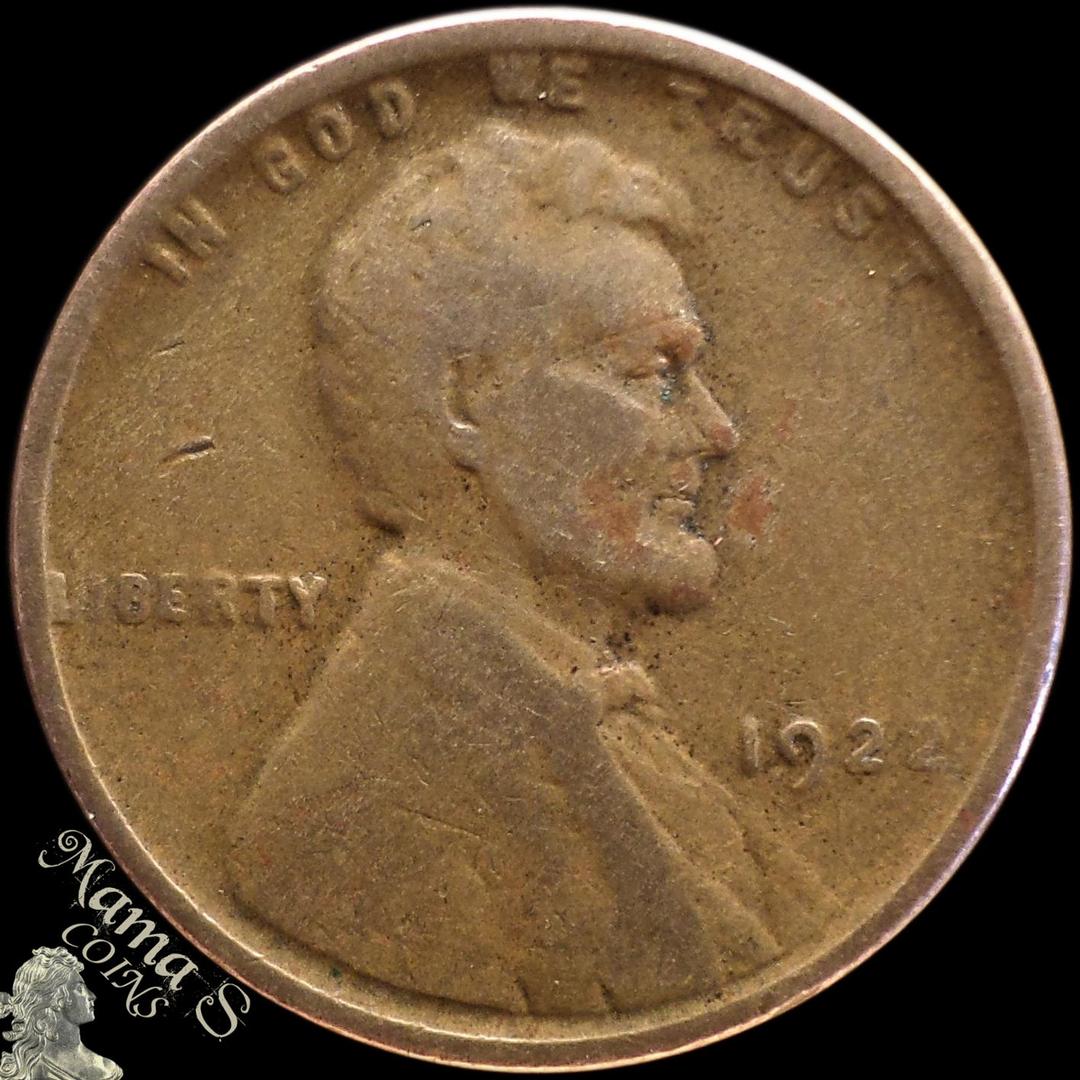 1922 No D Weak Reverse wheat penny showing missing D mint mark and soft reverse detail