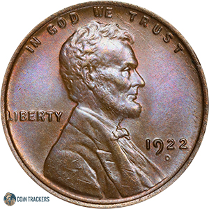 1922 Weak D Lincoln wheat penny showing faint partially visible D mint mark under the date