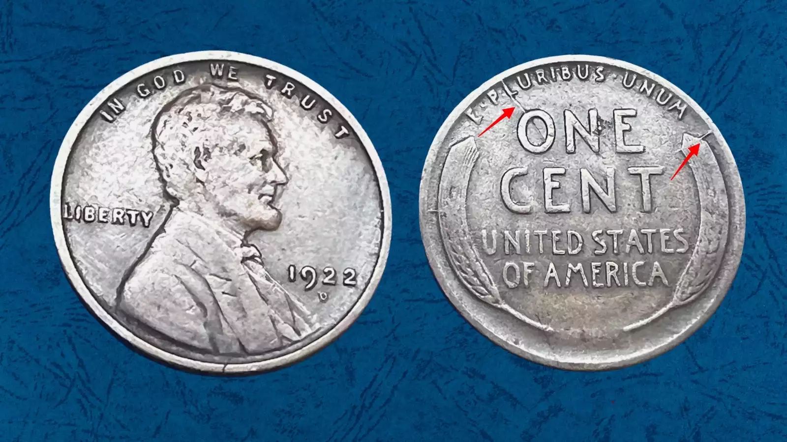 1922-D wheat penny showing raised die crack error running across the obverse surface