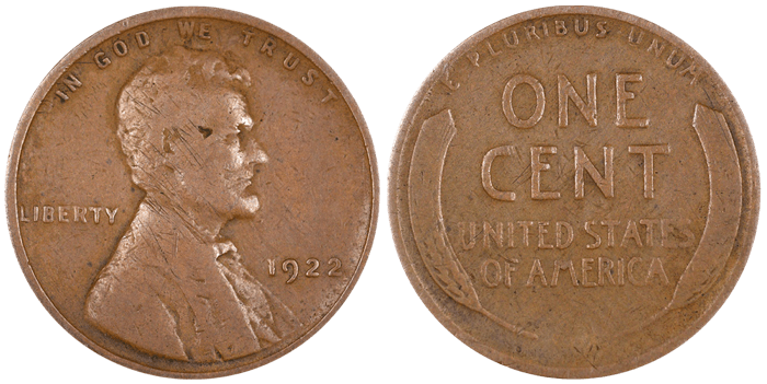 1922 wheat penny grading strip showing four condition tiers from heavily worn to Mint State
